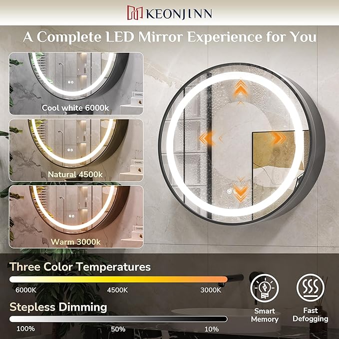 Keonjinn 30 Inch Round Lighted Medicine Cabinet, Black LED Medicine Cabinet Mirror, Circle, Electrical Outlet, 3 Color Lights, Anti-Fog, Dimmable, Surface Mount Only