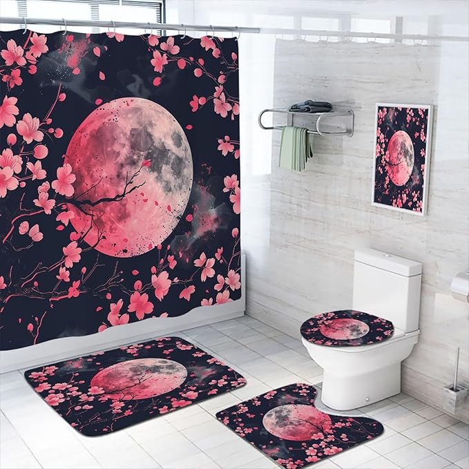 Cherry Blossoms Bathroom Shower Curtain Set with Rug, Toilet Lid Cover and Bath Mat, Pink Moon Japanese Anime Bathroom Shower Curtain with 12 Hooks Accessories Decorative