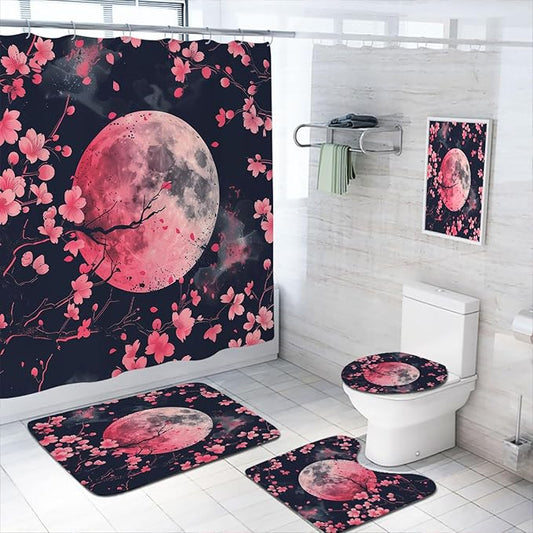 Cherry Blossoms Bathroom Shower Curtain Set with Rug, Toilet Lid Cover and Bath Mat, Pink Moon Japanese Anime Bathroom Shower Curtain with 12 Hooks Accessories Decorative