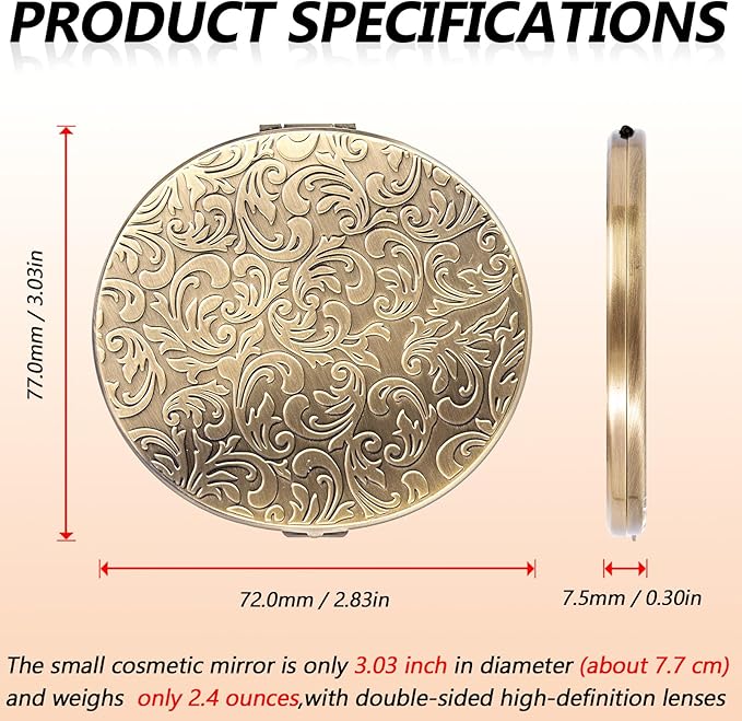Oval Mini Portable Metal Folding Mirror, Beautiful and Elegant, Sturdy and Durable, 1X/2X Magnifier. (Oval Pattern Bronze)