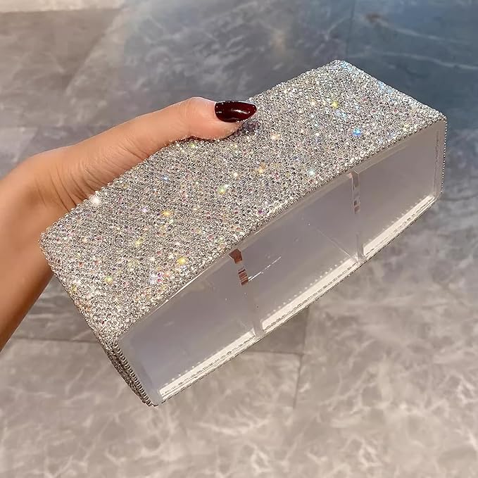 Luxury Bling Triple-Compartment Acrylic Makeup Brush Pen Holder – Creative and Stylish Desk Organizer Storage Box for Eyebrow Pencils, Lipsticks (Silver)