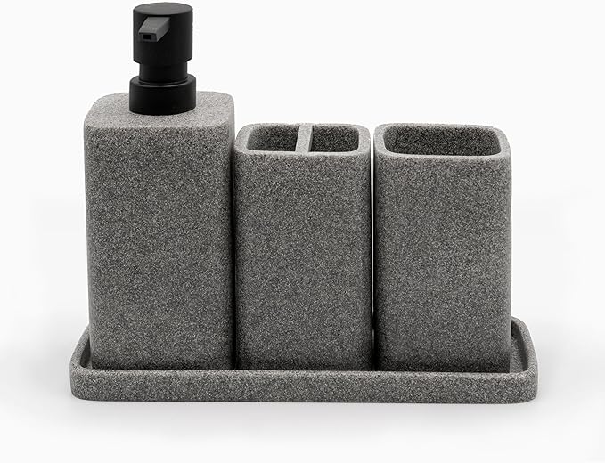 ZCCZ Bathroom Accessory Sets, 4 Pieces Bathroom Accessories Complete Set Vanity Countertop Accessory Set, Includes Lotion Dispenser Soap Pump, Tumbler, Toothbrush Holder and Tray (Grey)