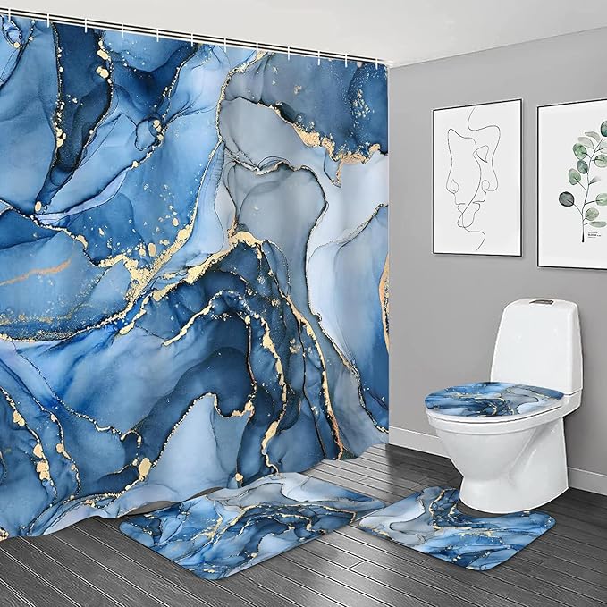 NBVKO 4 Pcs Blue Marble Shower Curtain Sets with Rugs Gold Bathroom Sets with Shower Curtain and Rugs Modern Abstract Bathroom Decor Accessories Shower Curtains for Bathroom Toilet Lid Cover
