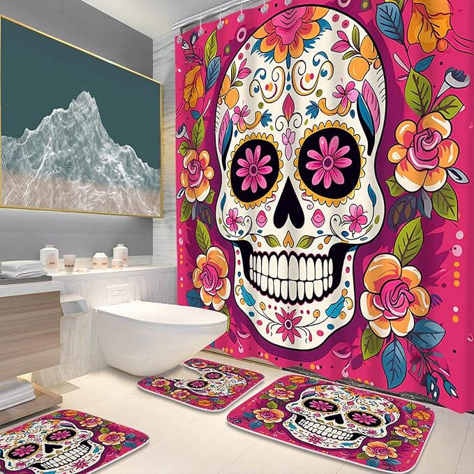 Floral Gothic Halloween Bathroom Sets with Funny Skull Unique Shower Curtain and 20 x 31 Rugs Bathroom Accessories Sets Decor with Bath Rug, Bath Mat, U-Shaped Contour and Hooks 72 x 72 Inch Colorful