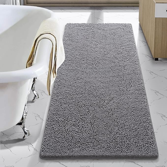 LOCHAS Luxury Bathroom Rug Shaggy Bath Mat 24 x 54 Inch, Washable Non Slip Bath Rugs for Bathroom Shower, Soft Plush Chenille Absorbent Carpets Mats, Gray
