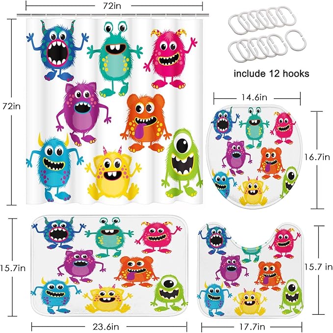 ArtSocket Monsters Bathroom Set with Shower Curtain and Rugs Accessories, Cute Kids Funny Animal Shower Curtain, Kids Bathroom Decor 4 Pcs