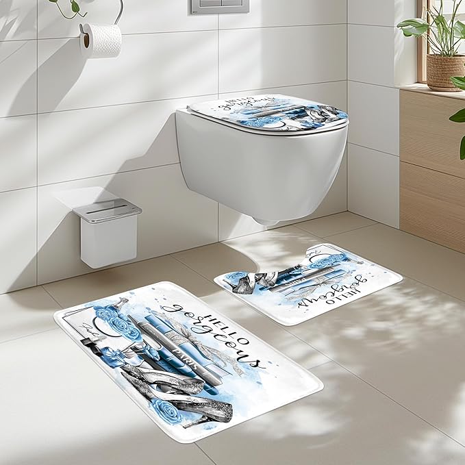 Cinbloo 4Pcs Girly Blue Shower Curtain Set, Silver Grey Fashion Women Bathroom Curtain with Rug, Toilet Lid Cover, Bath Mat, Flower Perfume Black White Striped High Heels Shower Curtain with 12 Hooks