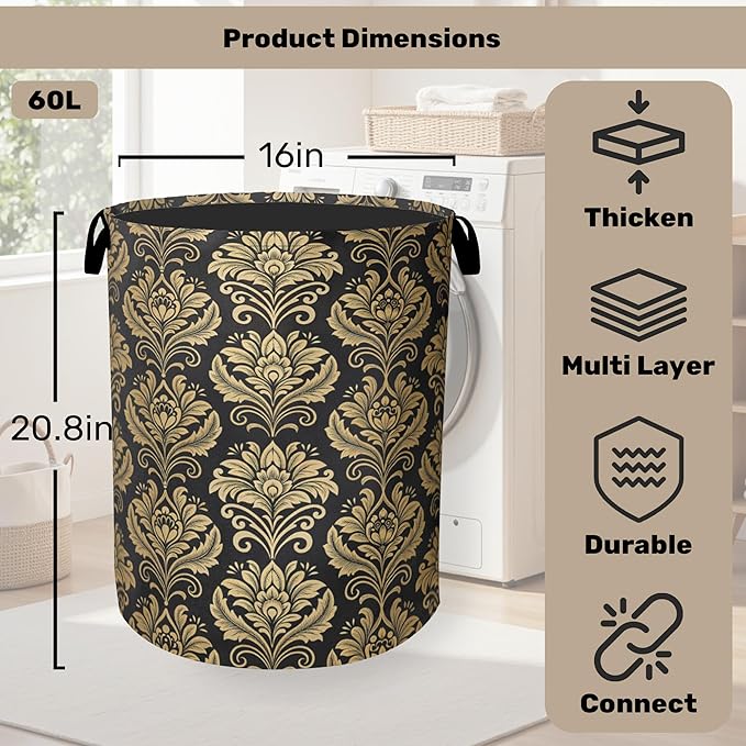 Gold Black Damask Flowers Laundry Basket - Extra Large Foldable Washable Laundry Hamper with Handles, Storage Bin for Bathroom/Laundry/Bedroom/Dorm