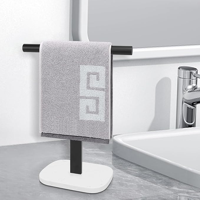 NearMoon T-Shape Hand Towel Holder-Bath Towel Rack-Standing with Balanced Base Towel Bar for Bathroom Kitchen Vanity Countertop, Modern Stand Towel Ring with Marble Base (14 Inch, Black)