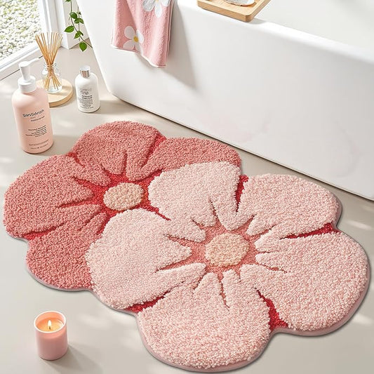 LUMI Flower Bath Rug, Funny Floral Bath Mat, Soft Plush Fluffy Red Rug, Absorbent, Non-Slip for Bathroom, Kitchen Sink, Bedroom, Kid's Bedroom, and Living Room, 24"x36", Bliss Pink
