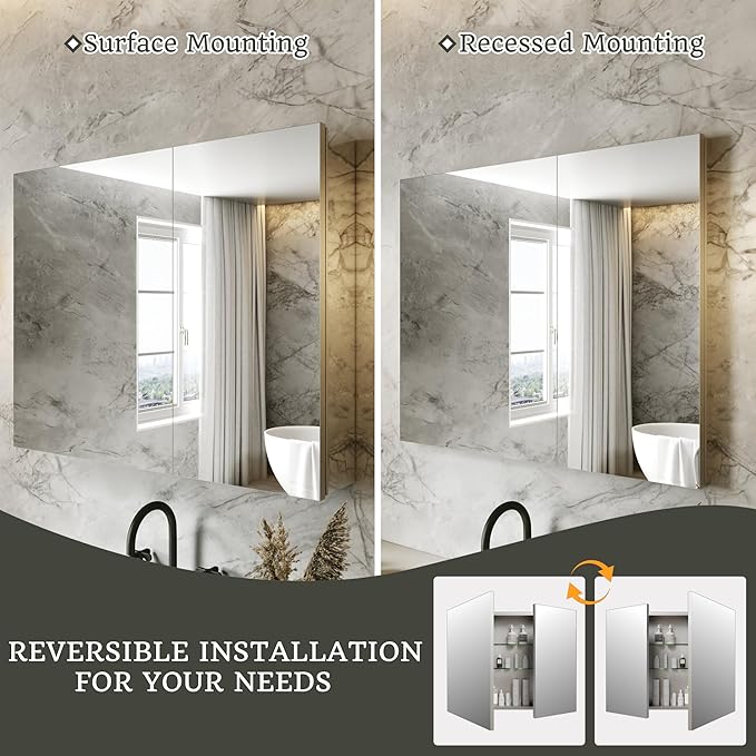 30x24 Bathroom Medicine Cabinet with Mirror,Aluminum Alloy Frame with Mirror Side Panels,Surface or Recessed Medicine Cabinet with Adjustable Shelves,Assembly Required