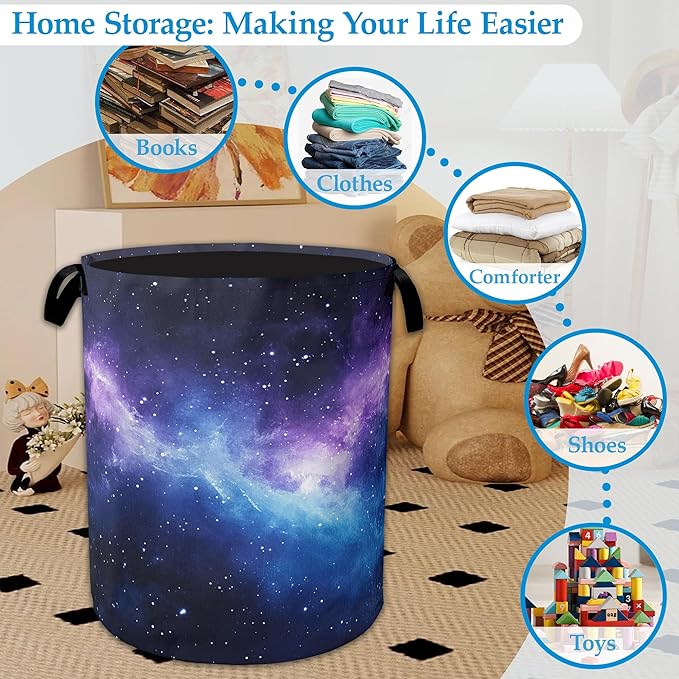 Purple Galaxy Laundry Basket Collapsible Laundry Hamper with Handle, Oxford Clothes Toy Storage Bin for Bathroom Bedroom Room Decor, Gift Basket 16" X 20.8"