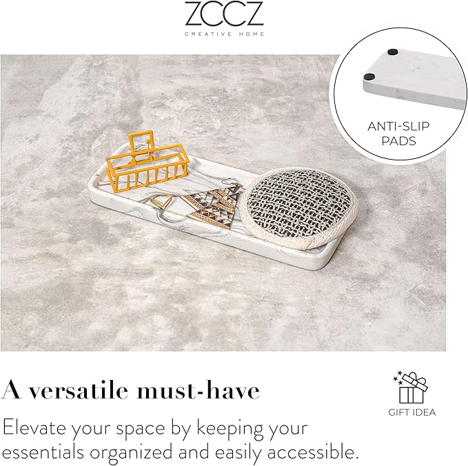 ZCCZ Bathroom Accessory Sets, 4 Pieces Bathroom Accessories Complete Set Vanity Countertop Accessory Set with Marble Look, Includes Lotion Dispenser, Toothbrush Holder and Tray (White Marble Look)