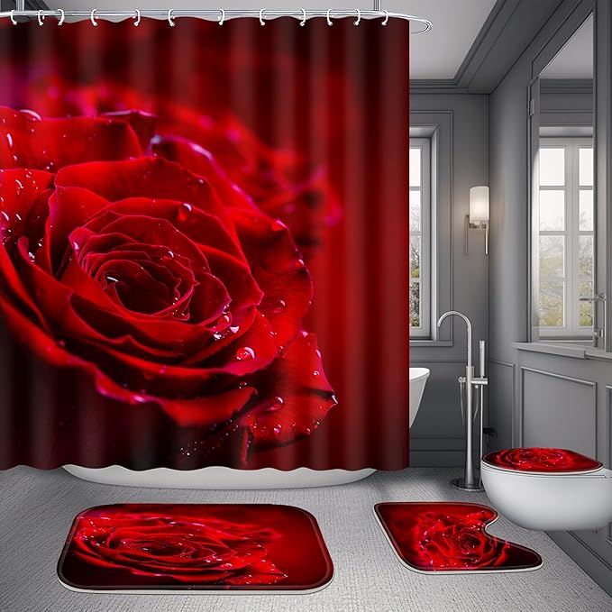 Poedist 4 Pcs Shower Curtain Set, Red Rose Bathroom Set,Romantic Shower Curtain Sets with Rugs(Bath Mat,U Shape and Toilet Lid Cover Mat) and 12 Hooks