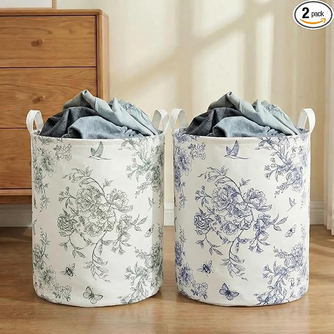 2Pcs Blue Floral Laundry Basket Cute Girls Nursery Hamper Kids Baby Flowers Room Decor Foldable Oxford Cloth Funny Tote Clothes Storage Bucket Organizer For Bedroom (Floral)