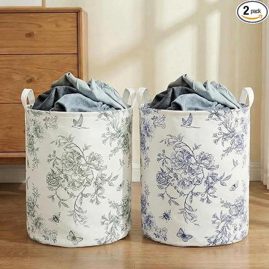 2Pcs Blue Floral Laundry Basket Cute Girls Nursery Hamper Kids Baby Flowers Room Decor Foldable Oxford Cloth Funny Tote Clothes Storage Bucket Organizer For Bedroom (Floral)