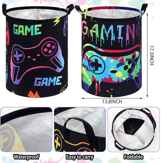 Zhehao 2 Pcs Easter Gamer Laundry Basket Boys Kids Laundry Hamper Gamer Room Decor Gaming Storage Basket Hamper Clothes Organizer Nursery Toy Storage Bin for Gifts Bedroom Bathroom Decoration(Fresh)