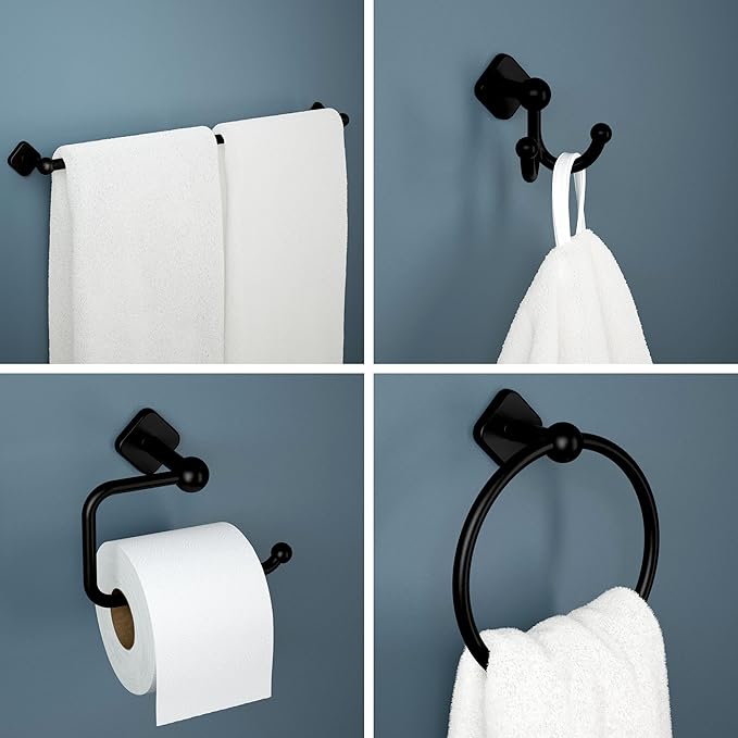 Franklin Brass Gainesville 4-Piece Bathroom Set Matte Black 18" + 6" Towel Rack, Toilet Paper Holder, Hand Towel Holder, Hook | 4-Piece Bath Hardware Accessories Set GNV64-MB