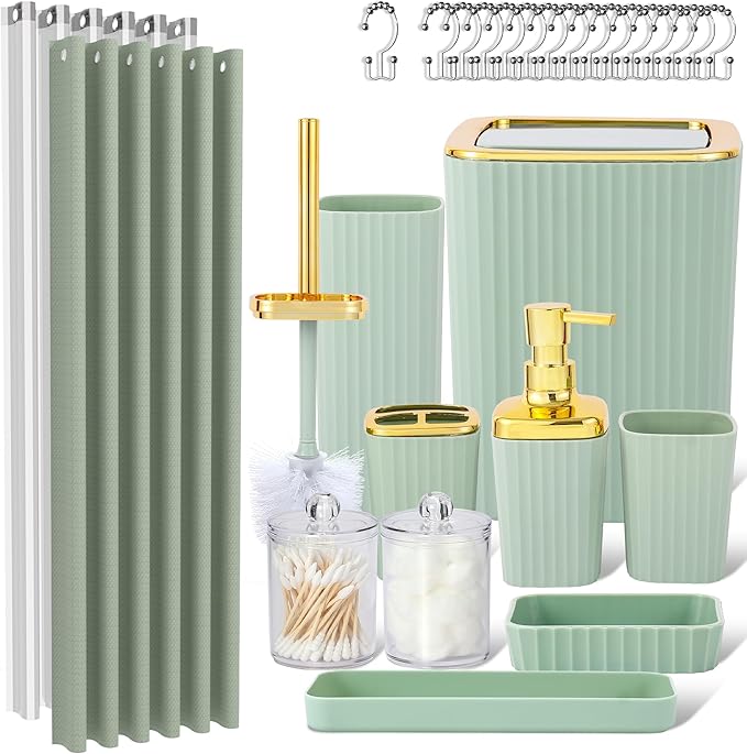 LightGreen Bathroom Set, 23 PCS Bathroom Accessories Set with Shower Curtains, Trash Can, Toothbrush Holder, Soap Dispensers, Toothbrush Cup, Vanity Tray, Soap Dish, Toilet Brush, Qtip Holders