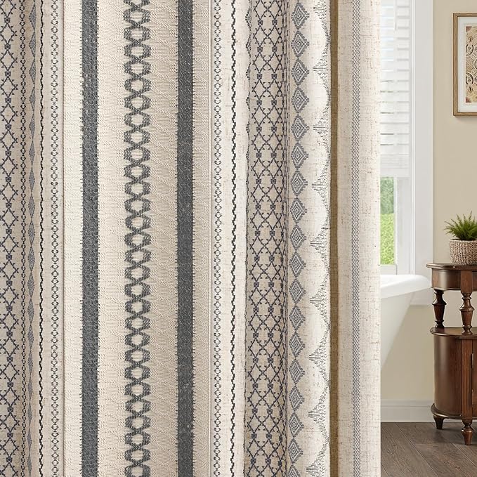 Grey Boho Shower Curtain for Bathroom,Beige Linen with Striped Print and Twine-Inspired Woven Center,72" W x 72" L