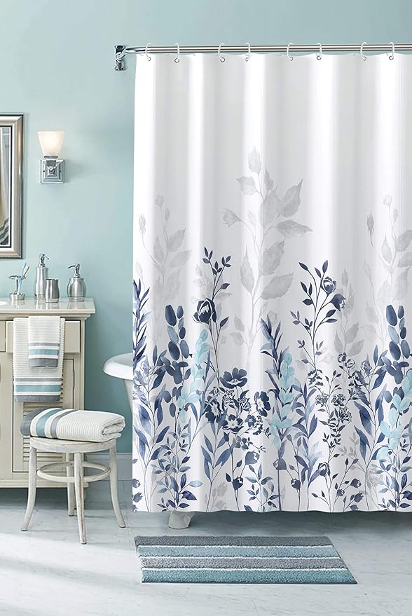 Neasow Blue and Grey Shower Curtain, Watercolor Floral Bathroom Curtain Teal and White 72×72 inches