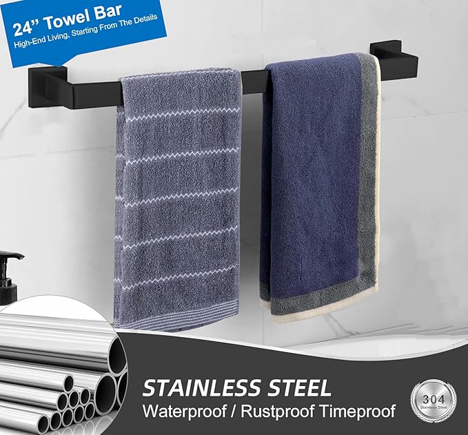 Towel Bar for Bathroom 24 Inch Matte Black Towel Holder 12/16/20/24/28/32/36 Inch Stainless Steel SUS304 Rustproof Towel Rack Modern Square Towel Rod for Bathroom Wall (1, Matte Black, 24 Inch)