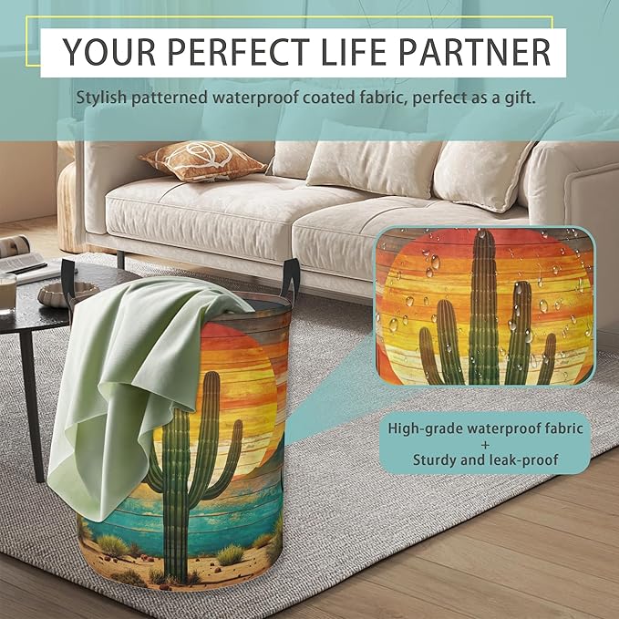 Tropical Cactus Laundry Basket With Handles Tote Bag Oxford Cloth Funny Laundry Hamper Clothes Storage Bucket Toy Organizer 16" X 20.8"For Bathroom/Laundry/Bedroom