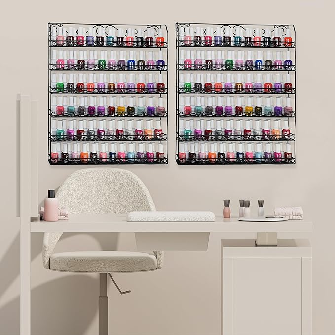 AMT 6 Tier Metal Nail Polish Racks, Fit Up to 108 Bottles, Wall Mounted, Essential Oils Organizer for Home Salon Business Spa