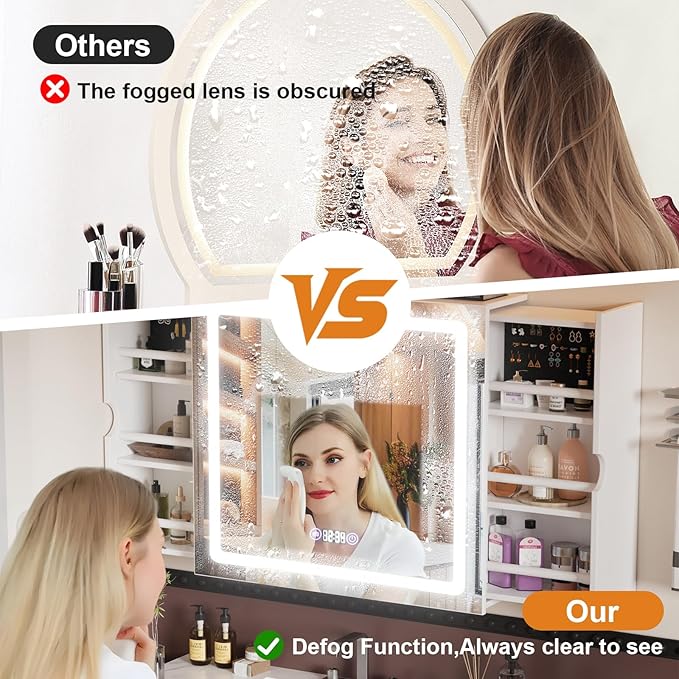 Led Lighted Bathroom Mirror Anti Fog Medicine Cabinet,Sliding Wall Mounted Bathroom Storage Cabinet,Medicine Cabinet with Storage and 3 Lighting Modes,White(Anti-Fog Mirror Cabinet with Light)