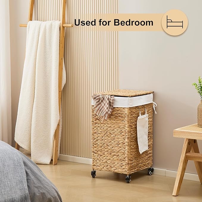 Handwoven Hamper with Lid, Laundry Basket with Wheels, Machine Washable Liner, Clothes Hamper for Bathroom Laundry Room Bedroom(Natural, 78L)