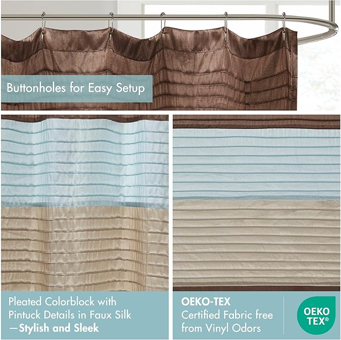 Madison Park Amherst Bathroom Shower Curtain Faux Silk Pieced Striped Modern Microfiber Bath Curtains, 72x72" Inches, Blue