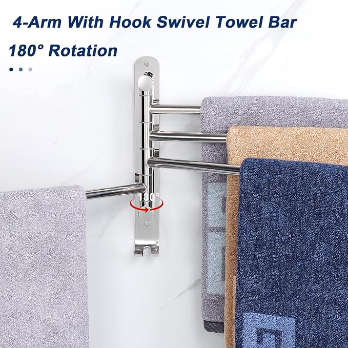 NearMoon Swivel Towel Rack, 13.8" Thicken 304 Stainless Steel 4-Arm Towel Bar, Space Saving Wall Mounted Towel Holder with Hook, Rustproof Swing Out Towel Hanger for Bathroom, Kitchen (Chrome Finish)