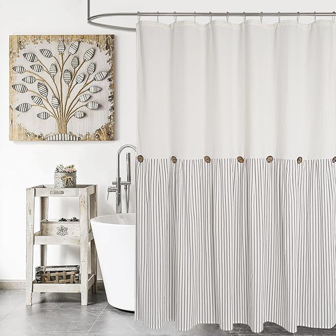 Farmhouse Shower Curtain,Beige and Gray Striped,Button Curtain,Spa Waffle and Cotton Woven Fabric,Rustic Charm Country Chic Style,72x78 in