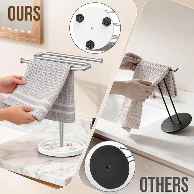Aetyord Adjustable Hand Towel Holder Stand for Bathroom Countertop, S-Shaped Stainless Steel Towel Rack with Wood Base Strong and Suction Cups, Free Standing Hand Towel Tree for Kitchen Vanity