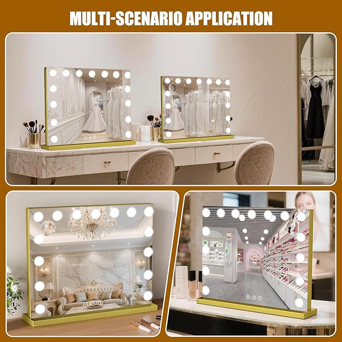Vanity Mirror with Lights, 23"×18" Large Hollywood Makeup Mirror with 15 Dimmable Bulbs, 3-Color Lighting, Dimmable, 10x Magnification, Desk Mirror, Bedroom (Gold)