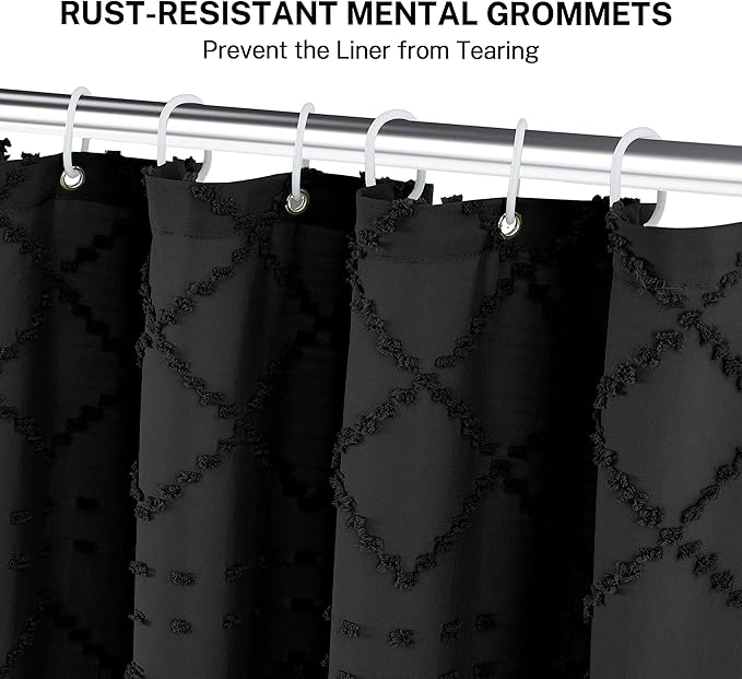 Stall Boho Black Woven Fabric RV Shower Curtain with Tassels 48 x 64 Modern Farmhouse Minimalist Tufted Chevron Striped Shabby Chic Textured, Water Resistant Curtain for Bathroom, Hotel Decor