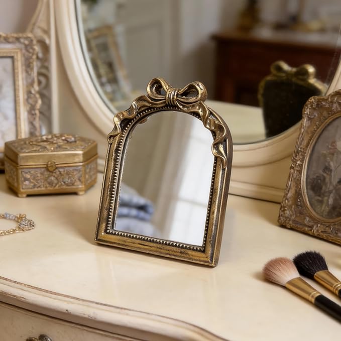 Vintage Carved Resin Desk Mirror 8x6 Inch Decorative Vanity Mirror for Makeup, Dorm, Bedroom & Tabletop Deco