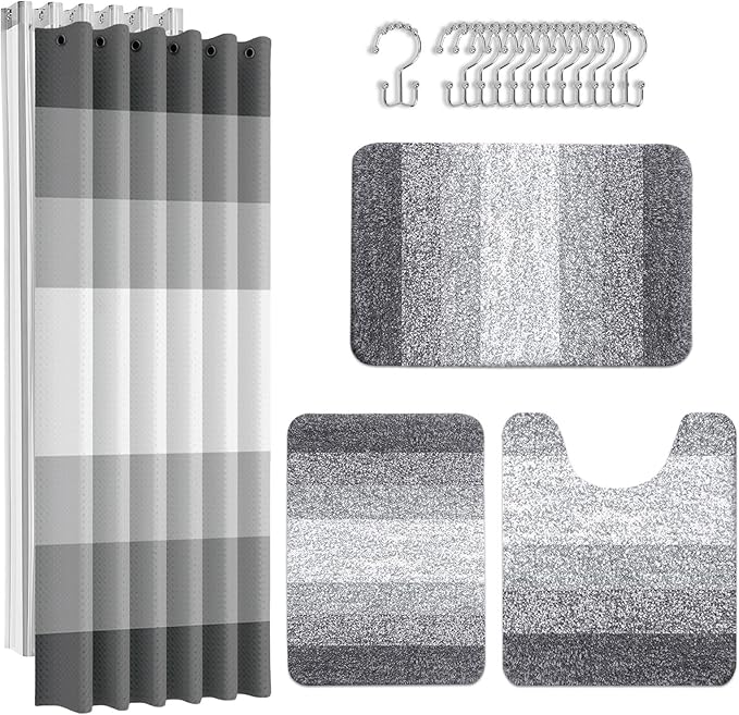 Britimes Grey Stripes Bathroom Sets with Shower Curtain and Rugs, Ombre Modern Minimalist Striped Waterproof Shower Curtain Liner and Soft Non Slip Bath Mat for Bathroom Decor and Accessories Hooks