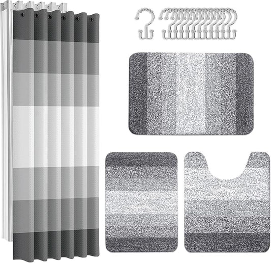 Britimes Grey Stripes Bathroom Sets with Shower Curtain and Rugs, Ombre Modern Minimalist Striped Waterproof Shower Curtain Liner and Soft Non Slip Bath Mat for Bathroom Decor and Accessories Hooks