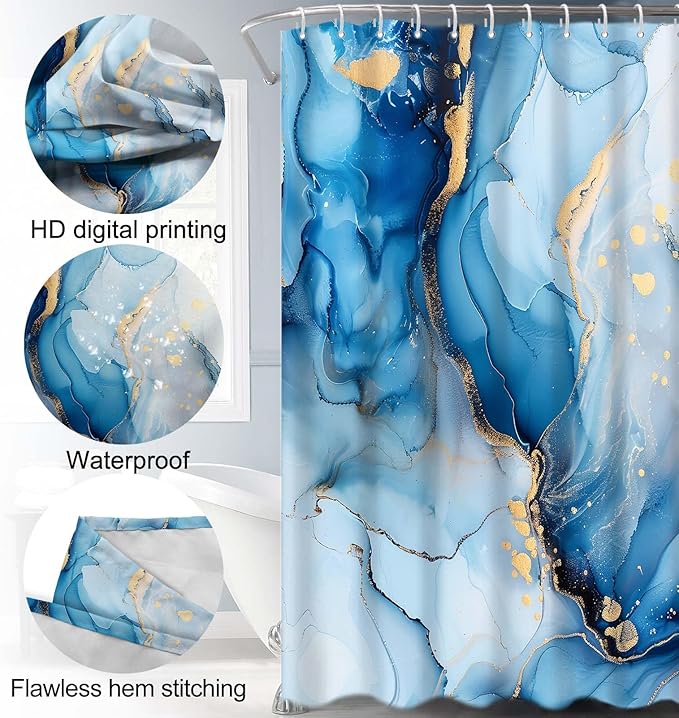 Lnond 4Pcs Bathroom Sets with Shower Curtain and Rugs, Marble Bathroom Shower Curtain Sets, Blue Gold Modern Art Bathroom Sets with Rugs and Accessories