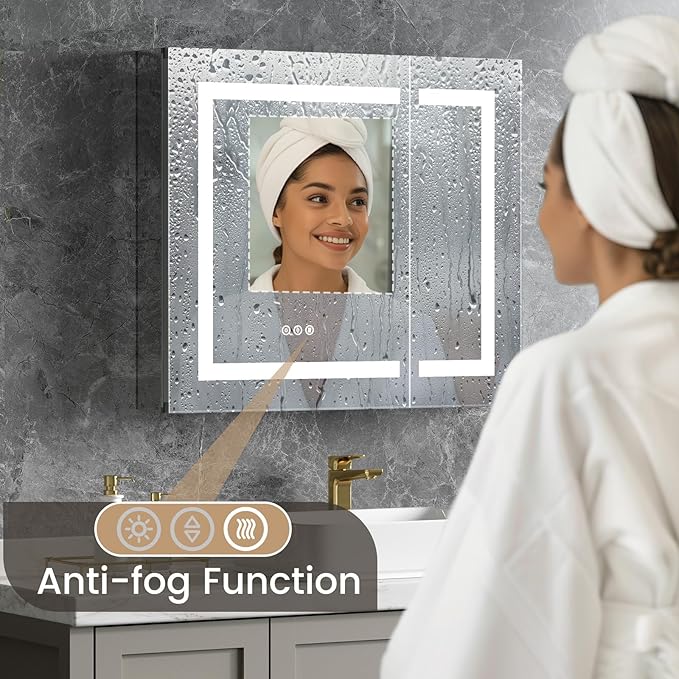 30x26 Inch Bathroom Medicine Cabinet with Mirror, Lighted Bathroom Mirror with Storage, Recessed /Surface Mount Medicine Cabinet with Socket & USB, Anti-Fog, 3 Colors Temperature, Dimmable Light