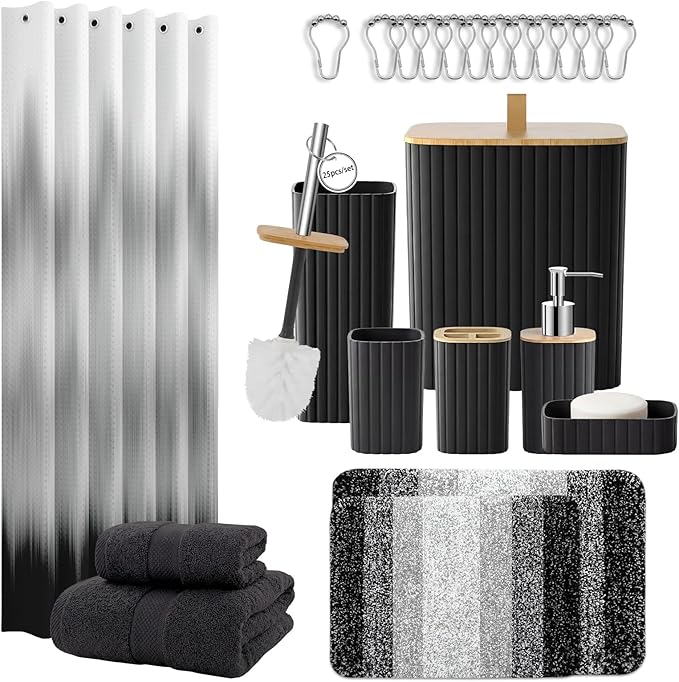 Bathroom Accessories Set - Bathroom Set with Shower Curtain and No Slip Rugs, Trash Can, Toilet Brush Holder Set, Soap Dispenser & Bath Towels - Stylish Bath Decor for Home, Apartment, Black, 25PCS
