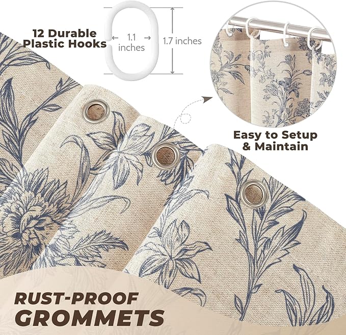 Blue Floral Farmhouse Vintage Linen Shower Curtain, French Country Cottagecore Shower Curtain for Bathroom
