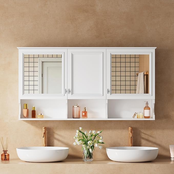 Merax Bathroom Wall Cabinet with Mirror, Wall Mounted Medicine Cabinet with Adjustable Shelves and Open Spaces, 55" x 28" Mirrored Door Over The Toilet Bathroom Storage Cabinet
