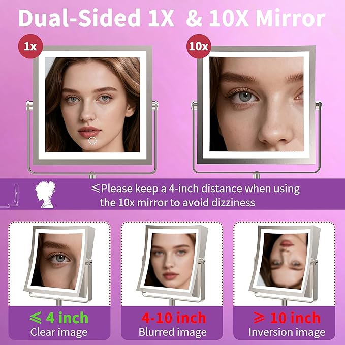 Wall Mounted Lighted Makeup Mirror, Rechargeable Double-Sided 1X/10X Magnifying Mirror with Light, Touch Dimmable 3 Color Lights, 360° Rotation Extendable Arm (Brushed Nickel)