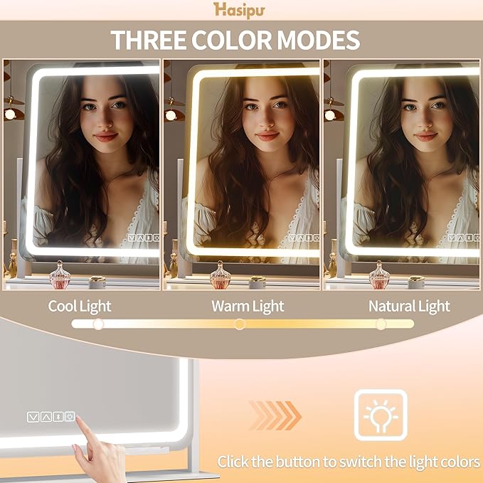 Hasipu Vanity Mirror with Lights and Bluetooth Speaker, 27.6" x 19.7" LED Makeup Mirror, Light up Mirror with 10X Magnification, USB Charging Port, Smart Touch 3 Colors Dimmable (White)