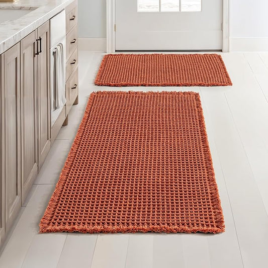 MIULEE Orange Set of 2 Waffle Bathroom Rugs, Boho Bath Rugs Non Slip Washable, Super Absorbent Bath Mats, Ultra Soft Rubber Backed Shower Mats for Bathroom Floor, Tub, 17"x24"+18"x30"