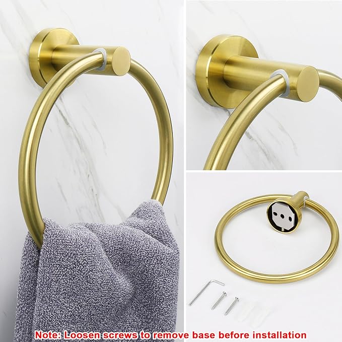 NearMoon Bath Towel Ring, Bathroom Hardware Accessories-Thicken Stainless Steel Hand Towel Holder for Bathroom, Modern Round Towel Hanger Wall Mounted (Brushed Gold, 2 Pack)