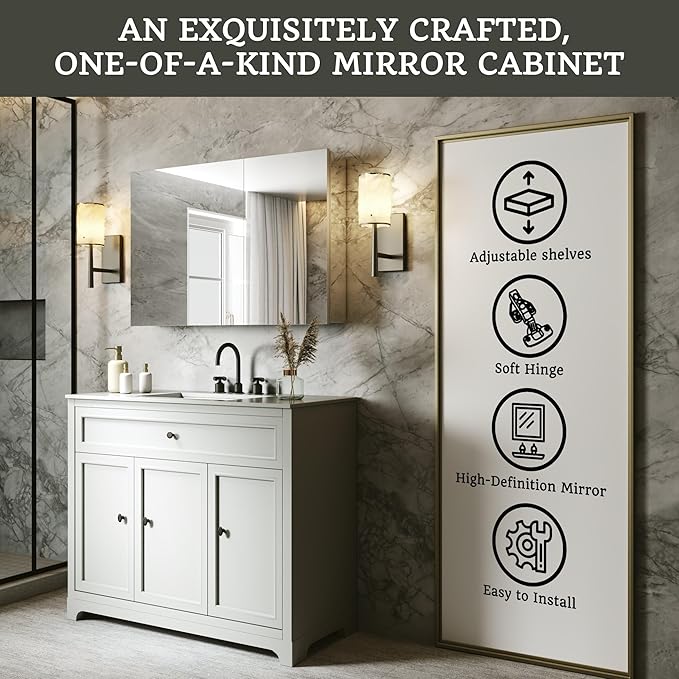 36x24 Bathroom Medicine Cabinet with Mirror,Aluminum Alloy Frame with Mirror Side Panels,Surface or Recessed Medicine Cabinet with Adjustable Shelves,Assembly Required