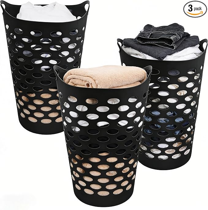 (3-PACK) Portable Round Plastic Laundry Basket, With a Capacity of 2.2 Bushels, Equipped with Handles, Easy to Clean, Suitable for Homes, Dormitories, Bathrooms and Laundry Rooms